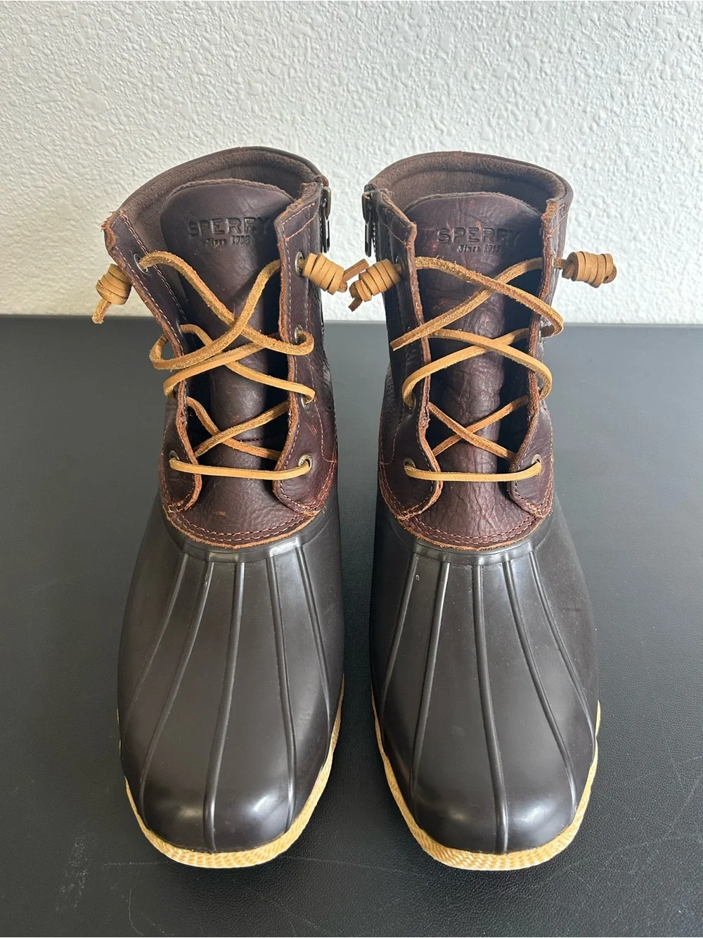 SPERRY TOP SIDER Saltwater Duck Boots Size 12 DARK BROWN LEATHER/BLACK